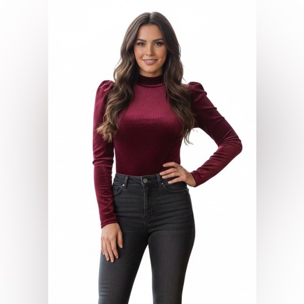 Revolve Privacy Please red/maroon velour/velvet bodysuit, puff shoulder XS